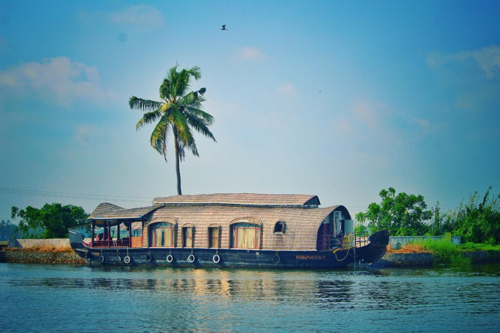 Picturesque view of river with green palms on bank and shabby wooden boathouse under blue sky in tropical countryside by Godson Bright