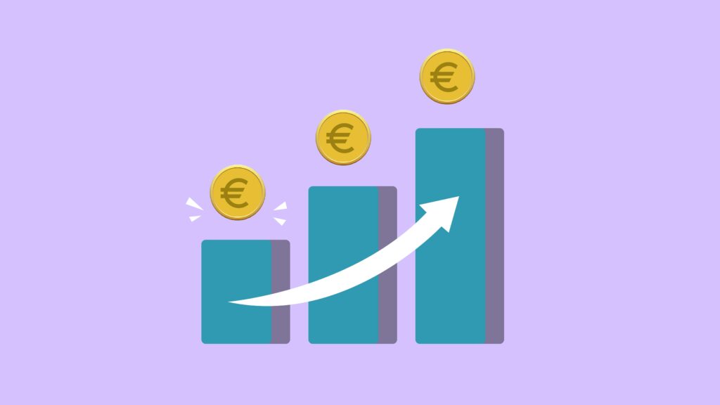 Vector illustration of income growth chart with arrow and euro coins against purple background by Monstera Production