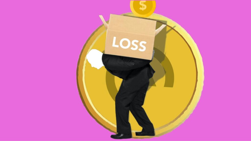 Illustration of man carrying box of financial loss on back by Monstera Production