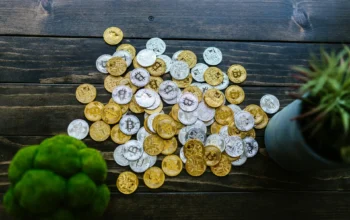 Cryptocurrency coins on wooden table image
